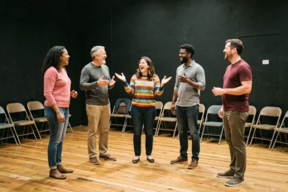 Groupe d'adultes participant à un atelier de théâtre d'improvisation en cercle sur scène dans un théâtre en Auvergne-Rhône-Alpes