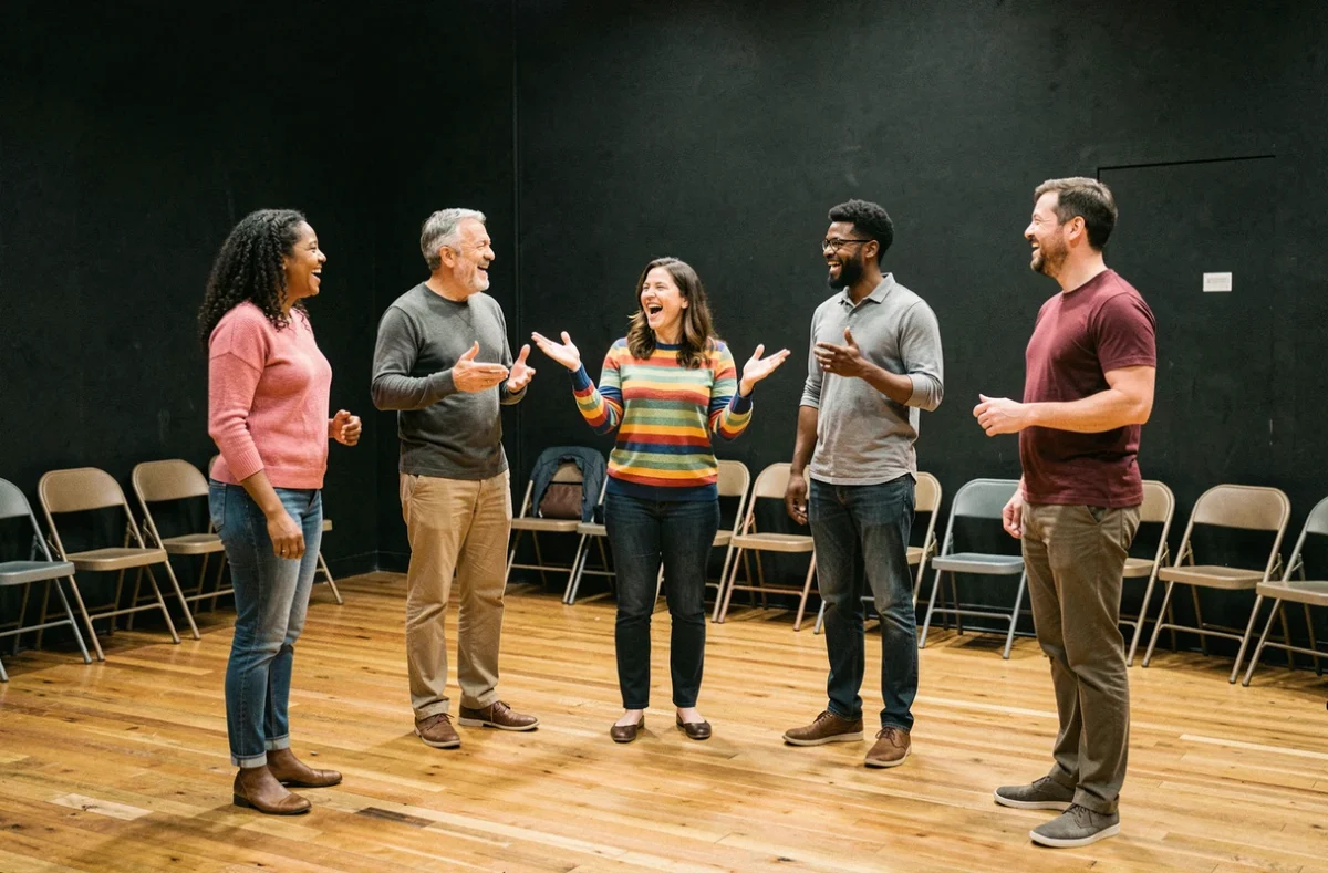 Groupe d'adultes participant à un atelier de théâtre d'improvisation en cercle sur scène dans un théâtre en Auvergne-Rhône-Alpes