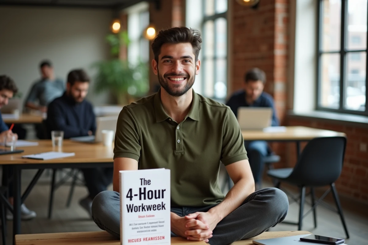 jeune professionnel étudiant La Semaine de 4h en espace de coworking, représentant l'entrepreneuriat moderne et la flexibilité professionnelle