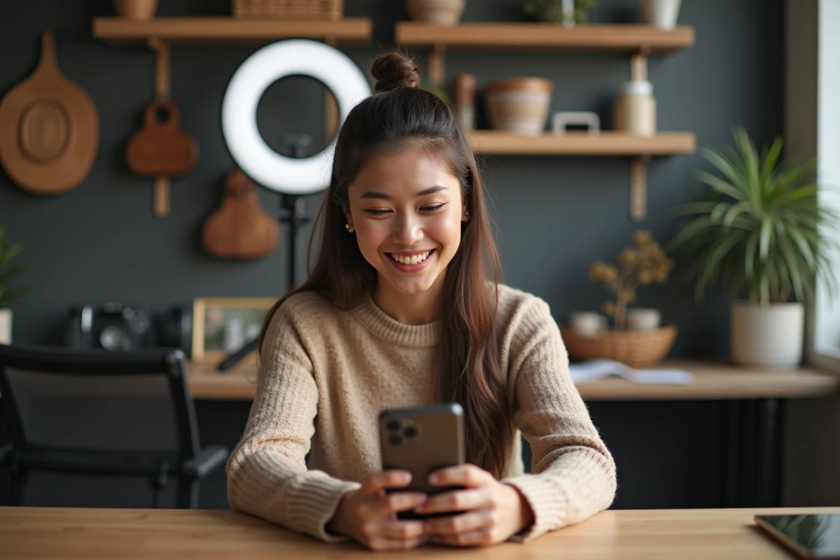 Créatrice de contenu utilisant un smartphone premium pour la production vidéo en studio