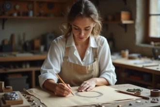 Créatrice de bijoux dessinant le croquis d'une bague de fiançailles sur mesure dans son atelier artisanal