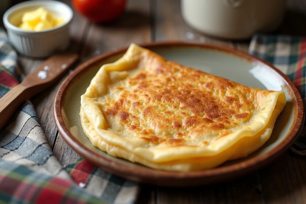 Crêpe bretonne dorée pliée sur une assiette en céramique avec beurre salé et ustensiles traditionnels en gros plan