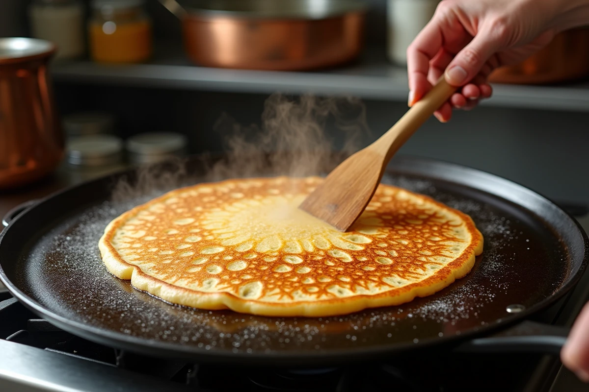Crêpe bretonne dorée en cours de cuisson sur une crêpière avec la spatule en bois