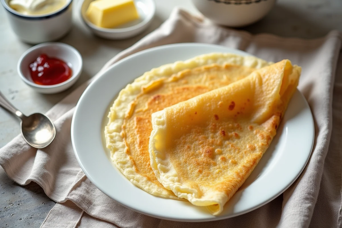 crêpe bretonne dorée sur assiette blanche avec beurre et confiture, présentation traditionnelle des vraies crêpes bretonnes