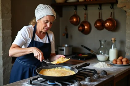 Femme bretonne traditionnelle en costume régional retournant une crêpe dorée dans une poêle en fonte sur un ancien fourneau de cuisine bretonne