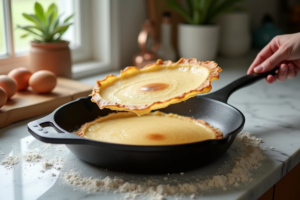 Crêpe bretonne en train d'être retournée au-dessus d'une poêle en fonte avec murs de cuisine traditionnelle