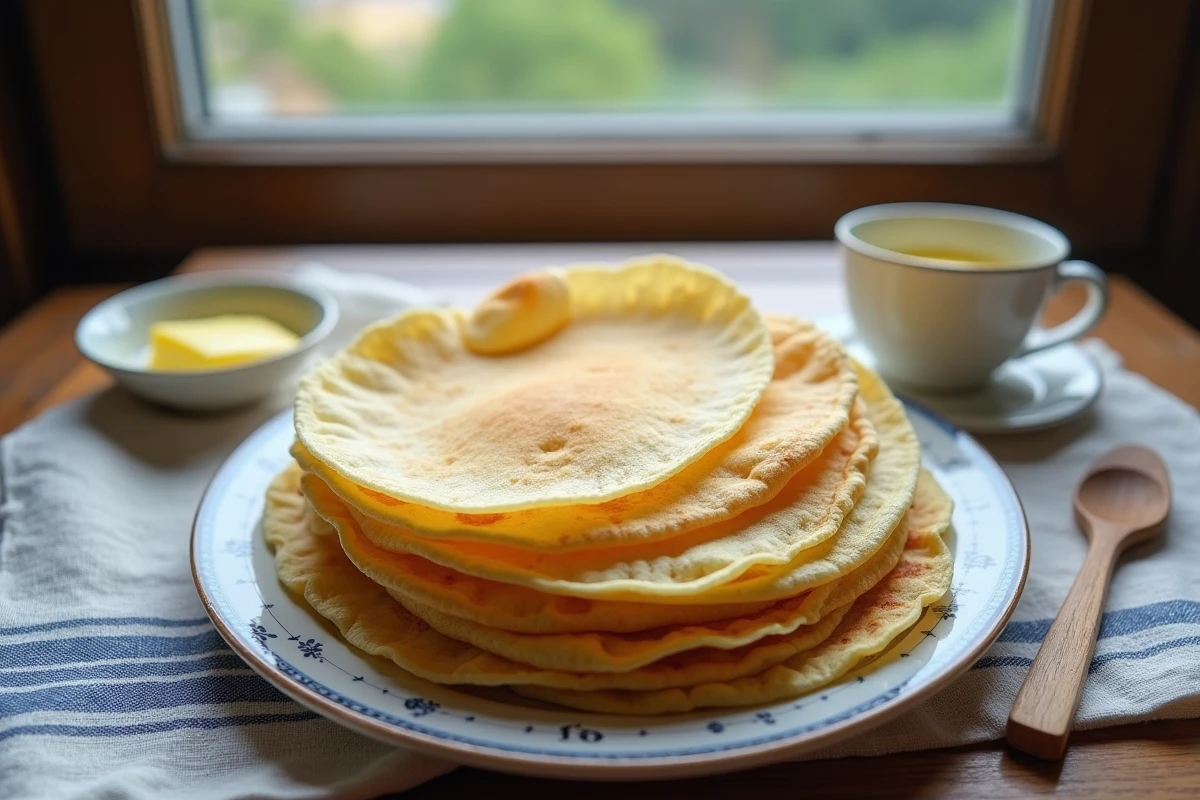 Assiette de vraies crêpes bretonnes dorées empilées avec beurre salé et décor breton authentique