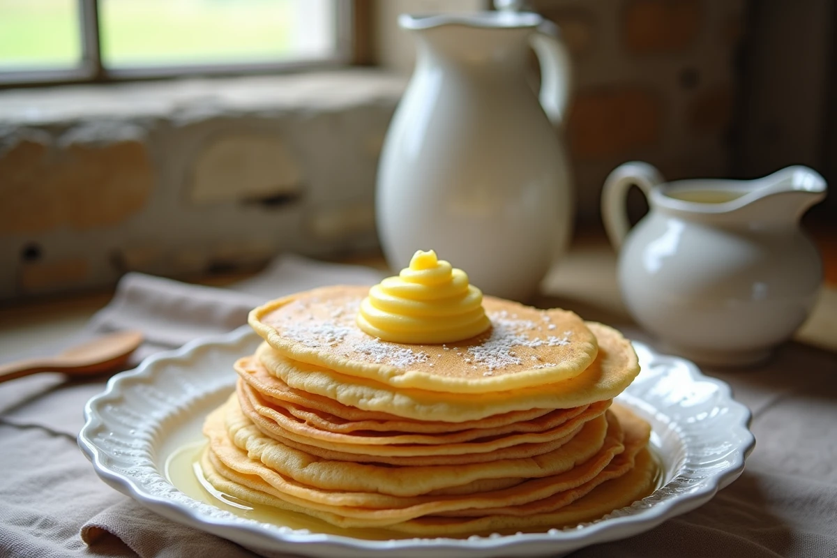Pile de crêpes bretonnes dorées garnies de beurre salé breton sur assiette céramique blanche en cuisine traditionnelle bretonne