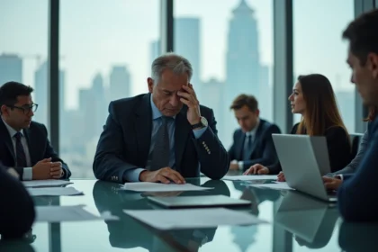 Directeur d'entreprise en costume sombre réagissant rapidement à une crise en salle de réunion lors des premières minutes critiques