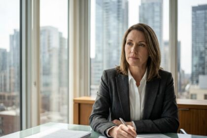 Directrice générale en costume professionnel examinant des documents à son bureau dans un bureau moderne avec vue sur la ville