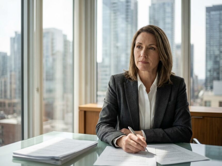 Directrice générale en costume professionnel examinant des documents à son bureau dans un bureau moderne avec vue sur la ville