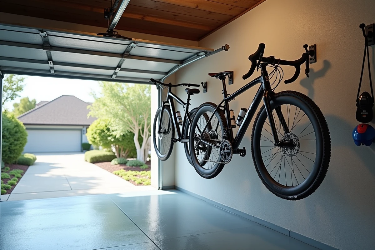 Deux vélos suspendus verticalement sur des crochets muraux dans un garage, avec casque et accessoires accrochés à côté, dégageant le passage au sol