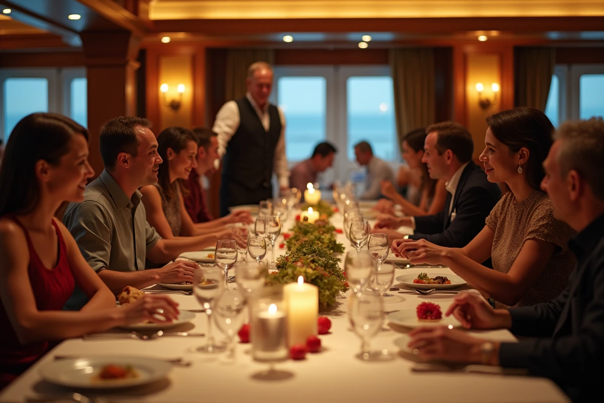Famille dînant ensemble dans un restaurant de croisière avec service élégant