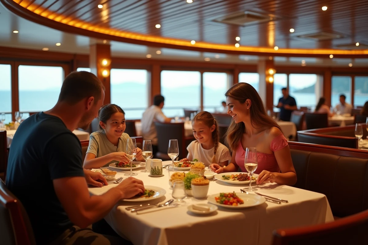Famille partageant un repas festif dans la salle à manger d'une croisière avec vue sur la mer