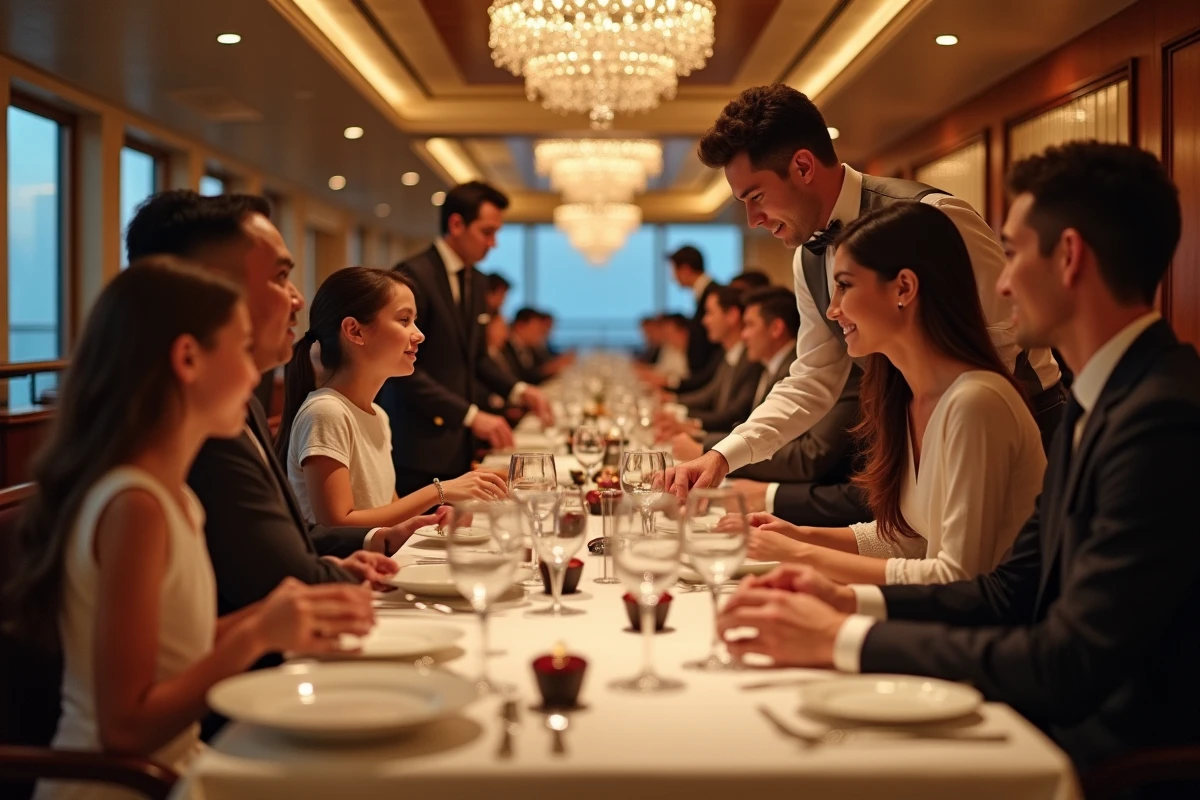 Famille dînant ensemble dans un restaurant élégant de bateau de croisière