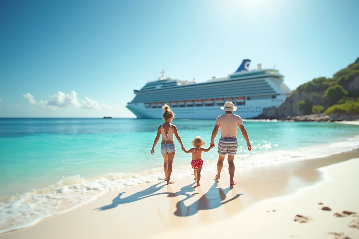 Famille explorant une plage tropicale depuis un port de croisière avec navire en arrière-plan