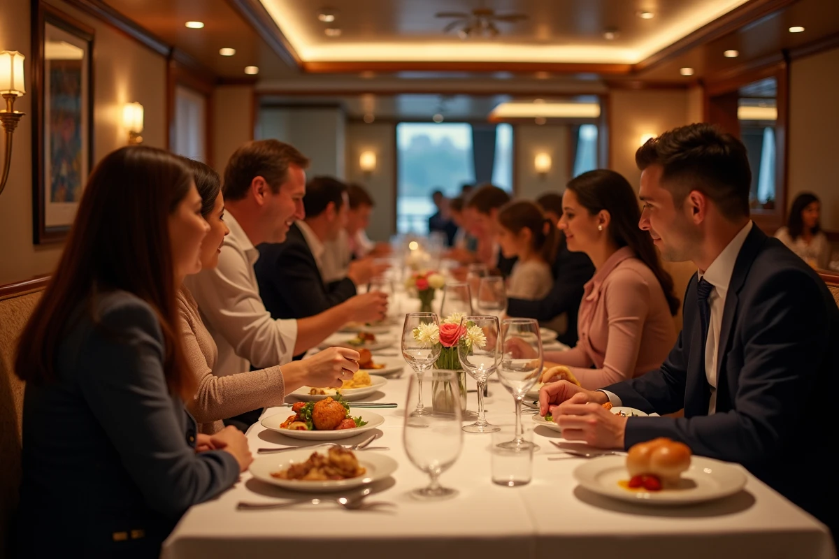 Famille dînant ensemble dans le restaurant élégant d'une croisière maritime