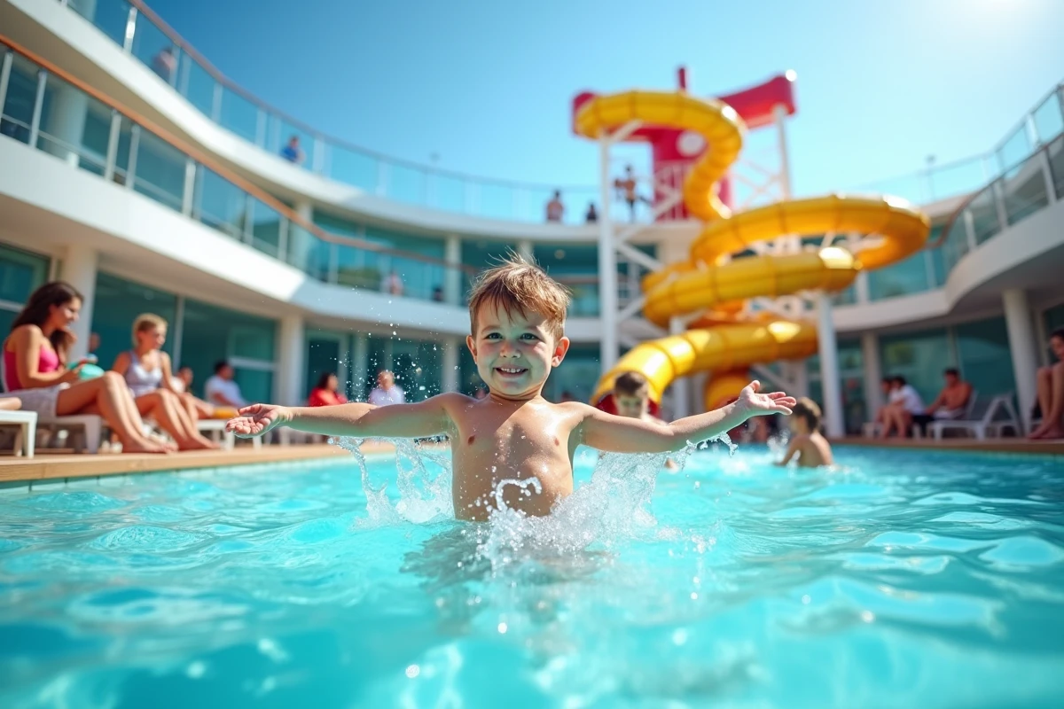 Enfants s'amusant dans la piscine d'un navire de croisière avec toboggan aquatique