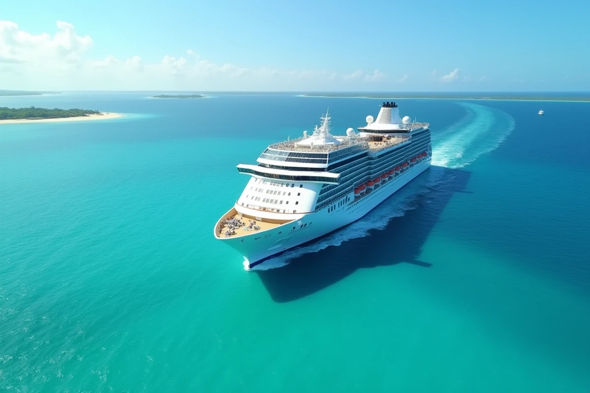 Vue aérienne d'un grand navire de croisière moderne naviguant en mer turquoise