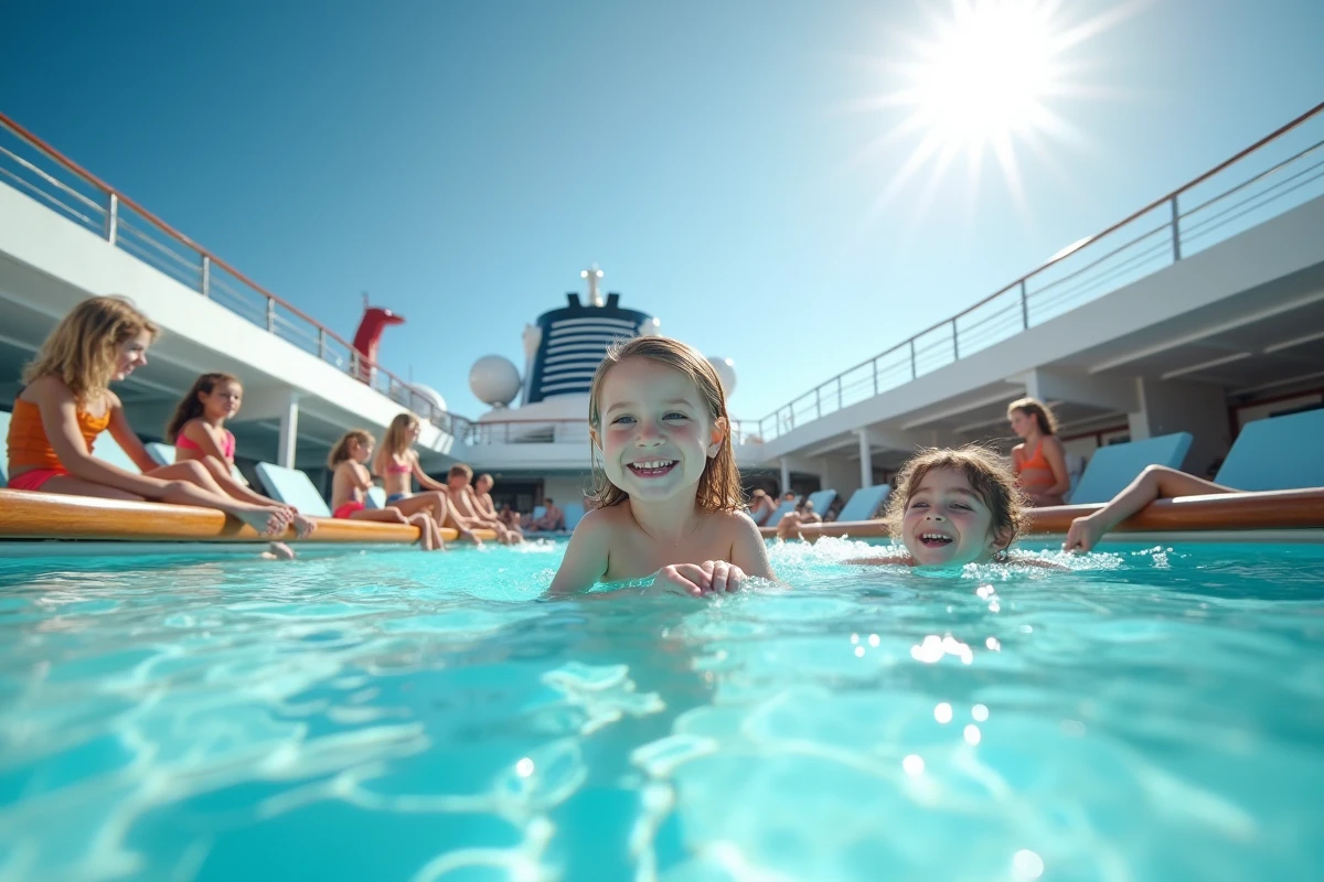 Enfants et familles s'amusant à la piscine d'un bateau de croisière modernes par beau temps