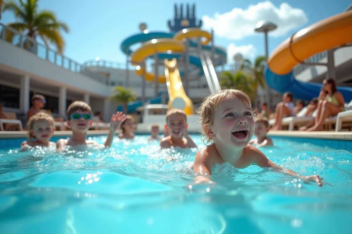 Enfants s'amusant dans la piscine d'un navire de croisière avec toboggan aquatique