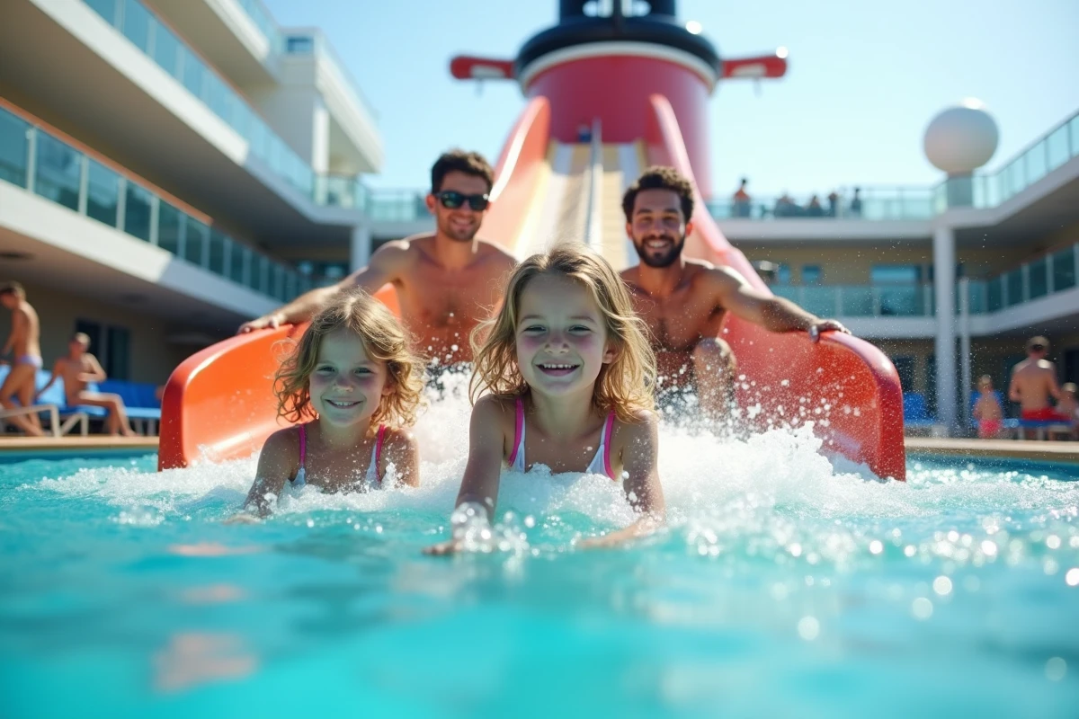 Enfants et parents s'amusant sur le toboggan aquatique d'un navire de croisière