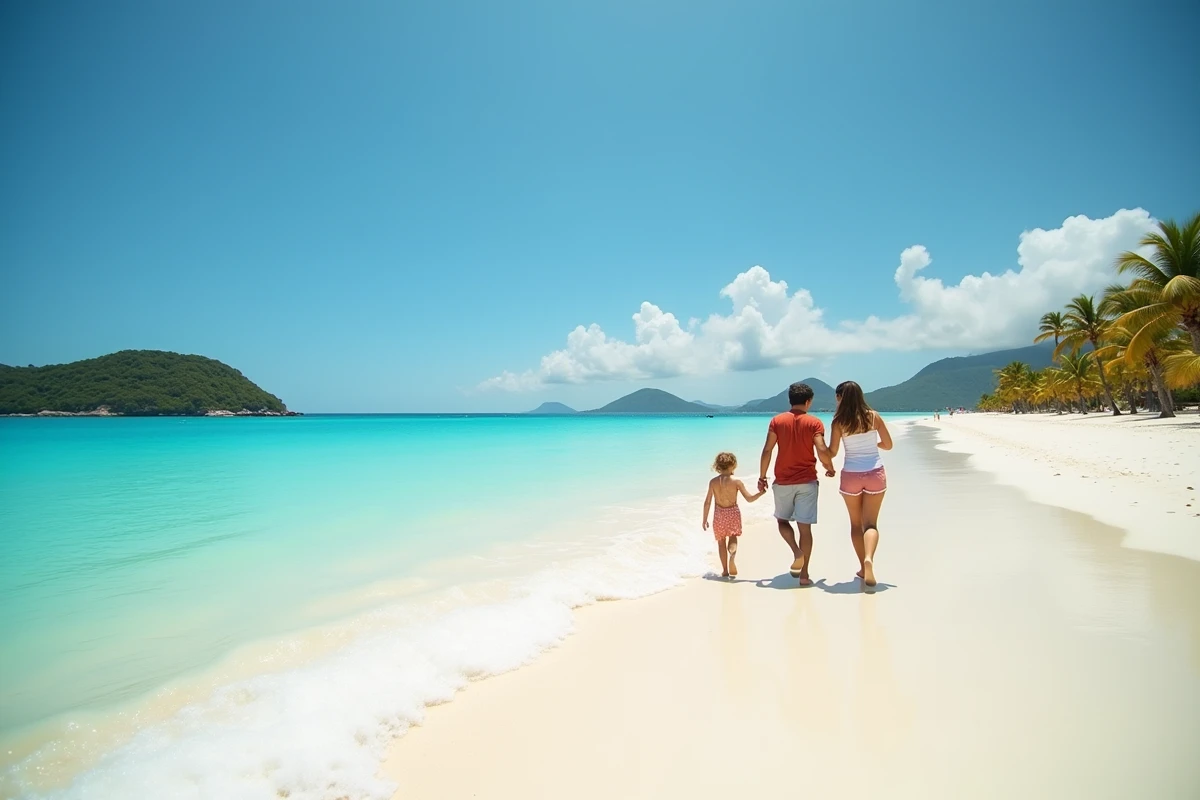 Famille explorant une plage tropicale lors d'une excursion shore en croisière avec enfants heureux