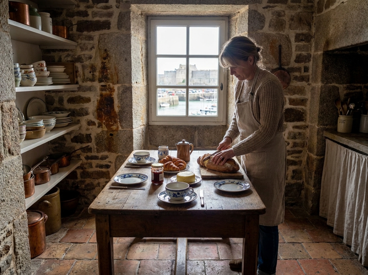 Femme préparant le petit-déjeuner dans une cuisine en pierre avec fenêtre vue sur le port breton