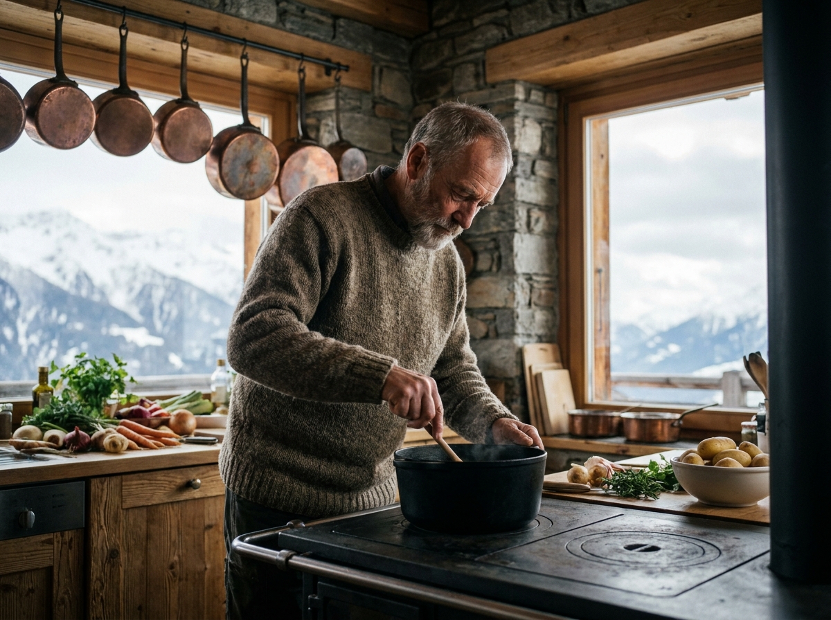 Homme préparant un repas traditionnel alpin dans la cuisine rustique d'un chalet avec vue sur les montagnes