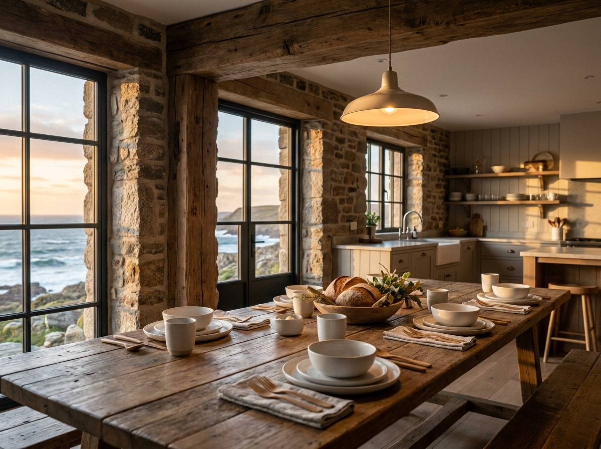Intérieur moderne d'une maison côtière bretonne montrant une cuisine-salle à manger avec table en bois et grandes fenêtres donnant sur la mer