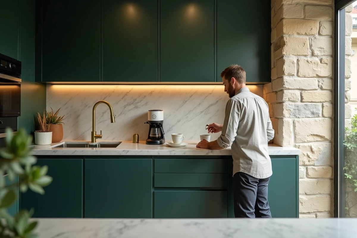 Cuisine contemporaine en marbre et laiton intégrée dans un appartement parisien de caractère avec murs en pierre apparents