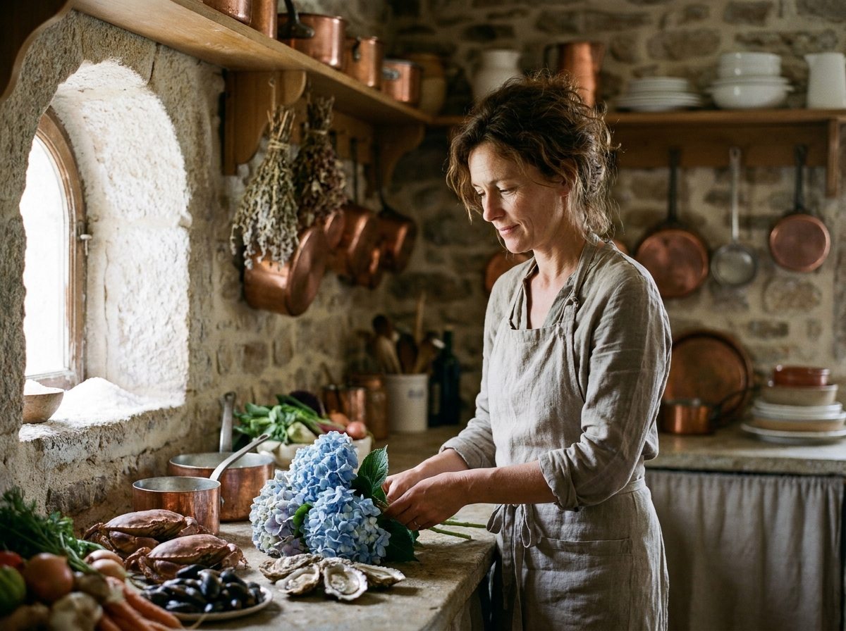 Femme préparant les courses du marché dans la cuisine en pierre d'une maison familiale, ambiance chaleureuse et détente en week-end