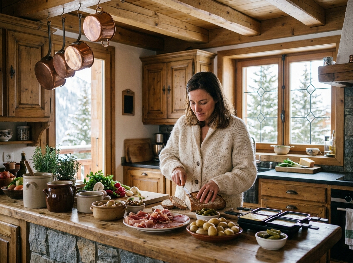 Femme préparant raclette dans cuisine chalet montagne, ingrédients frais, ambiance culinaire authentique et conviviale