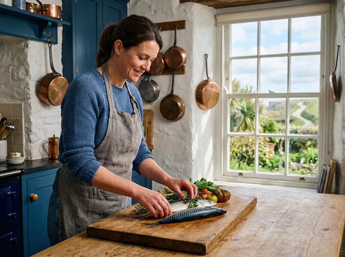Femme préparant repas de fruits de mer dans cuisine bretonne lumineuse avec vue sur jardin côtier