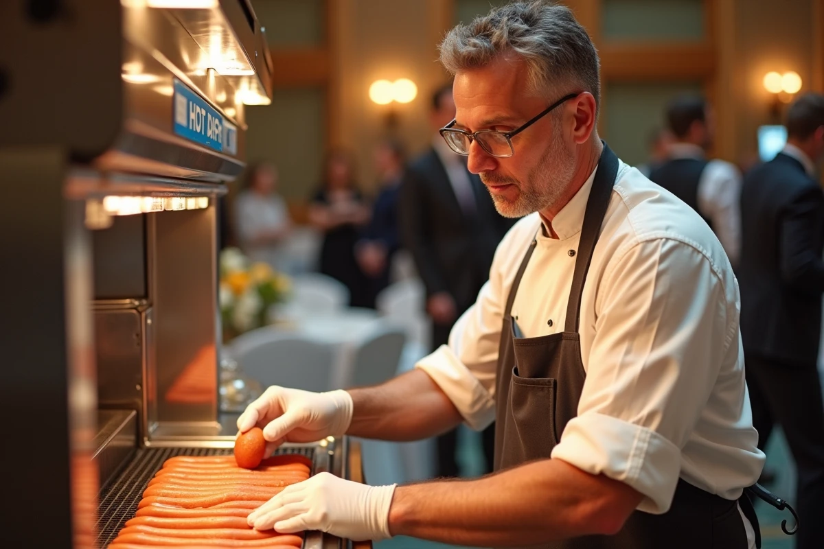 homme cuisinier opérant une machine à hot dog professionnelle lors d'un événement corporatif intérieur
