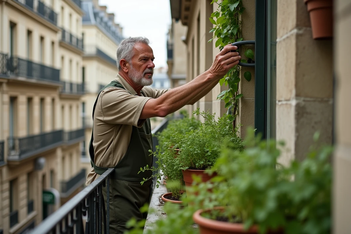 Homme entretenenant des pots d'herbes aromatiques sur balcon parisien avec structures de support