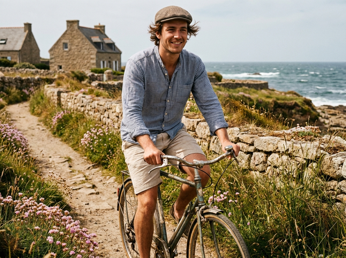 Jeune homme à vélo sur un chemin côtier breton près de sa maison à Saint-Malo, découverte du week-end