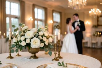 détail de table de mariage avec fleurs blanches et chandeliers en laiton vintage sur nappe ivoire