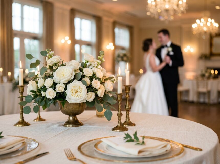 détail de table de mariage avec fleurs blanches et chandeliers en laiton vintage sur nappe ivoire