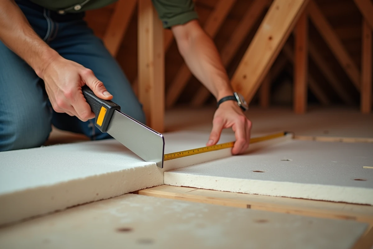 Découpe d'un panneau isolant rigide dans un comble avec un cutter par un bricoleur