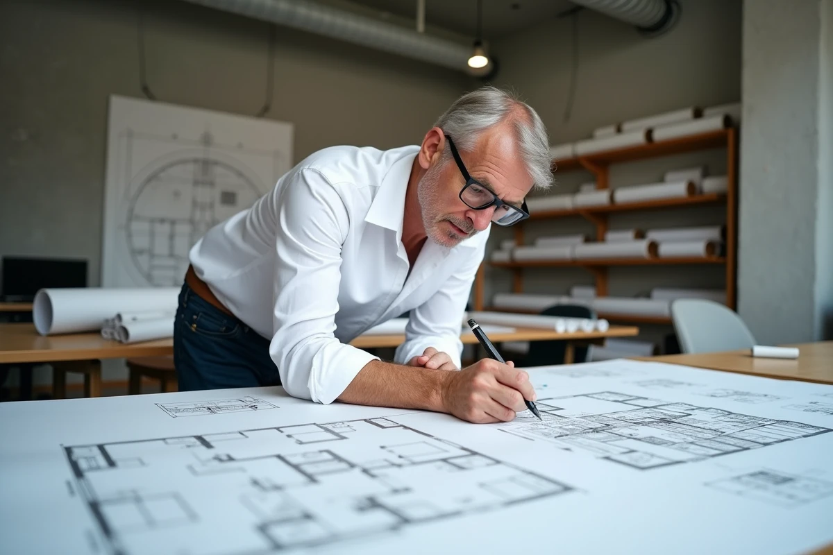 Architecte annotant des plans architecturaux dessinés à la main sur une table à dessin dans un studio professionnel