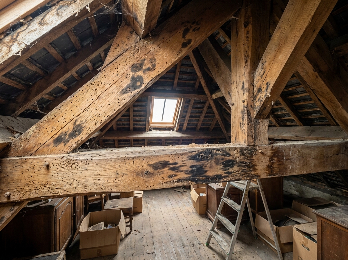 Dégâts de charpente à Nantes - signes d'infestation par les insectes et dégradation du bois avant intervention préventive