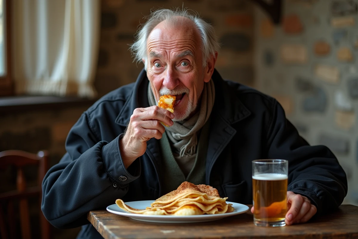 Homme breton dégustant une crêpe bretonne dans un café traditionnel avec garnitures authentiques