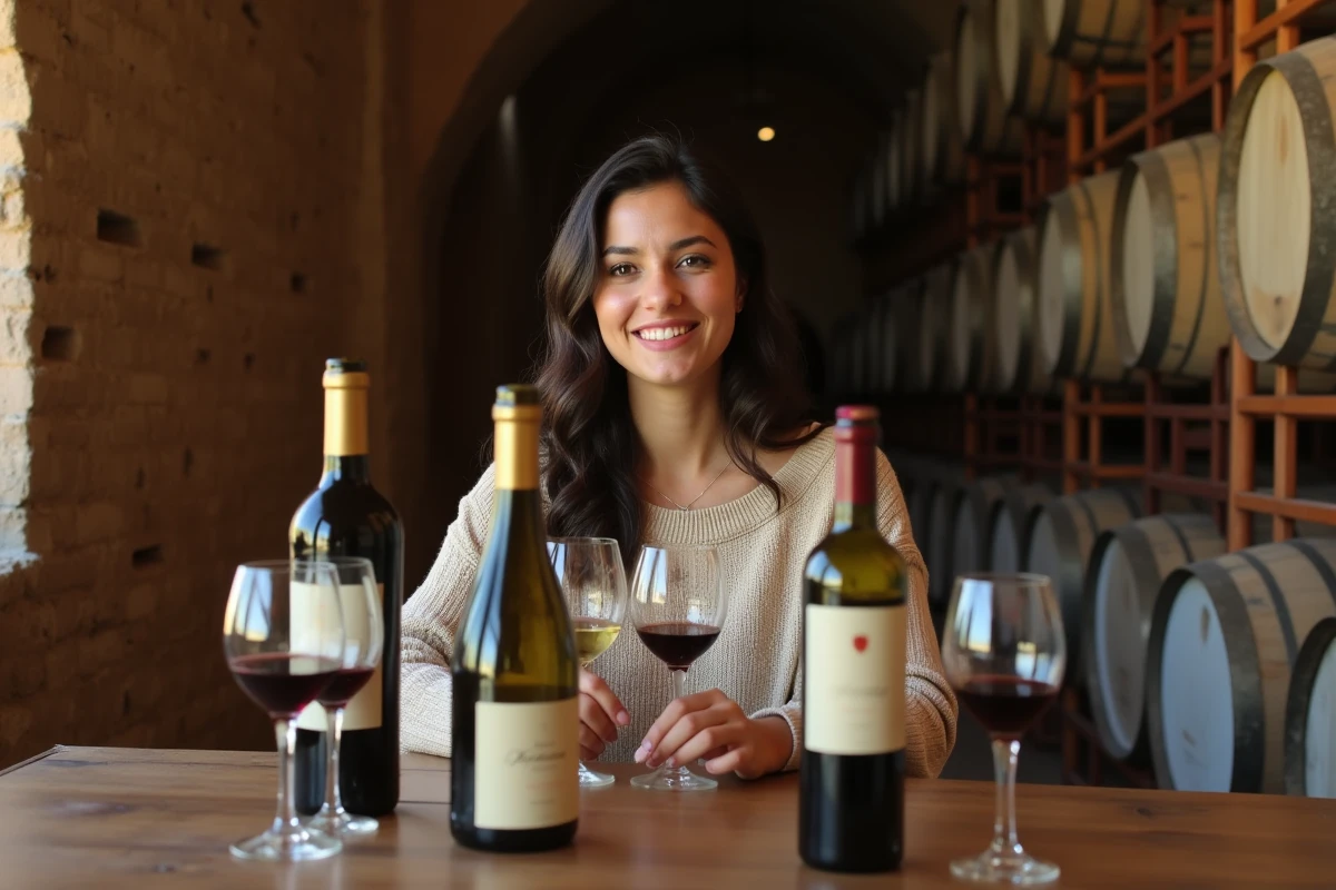 Femme dégustant et sélectionnant des bouteilles de vin marocain dans une cave traditionnelle souterraine