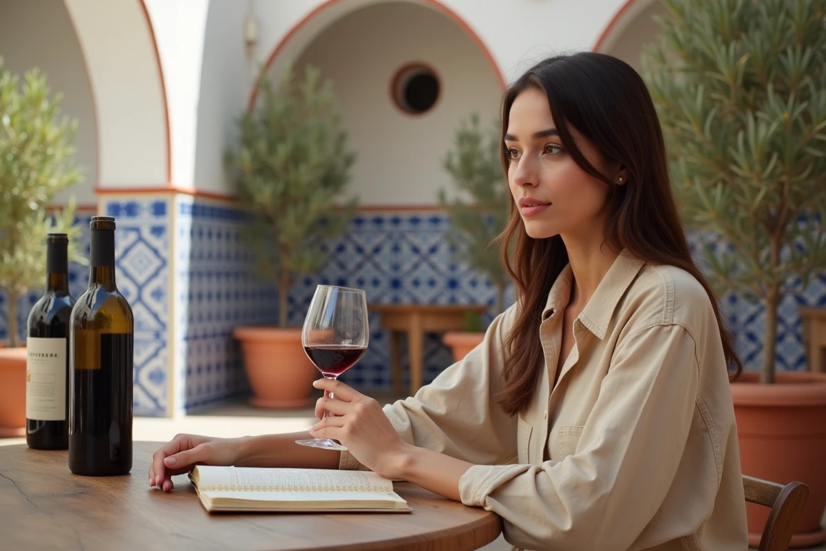Femme marocaine dégustant et analysant les vins dans une cour traditionnelle avec carrelage bleu et blanc