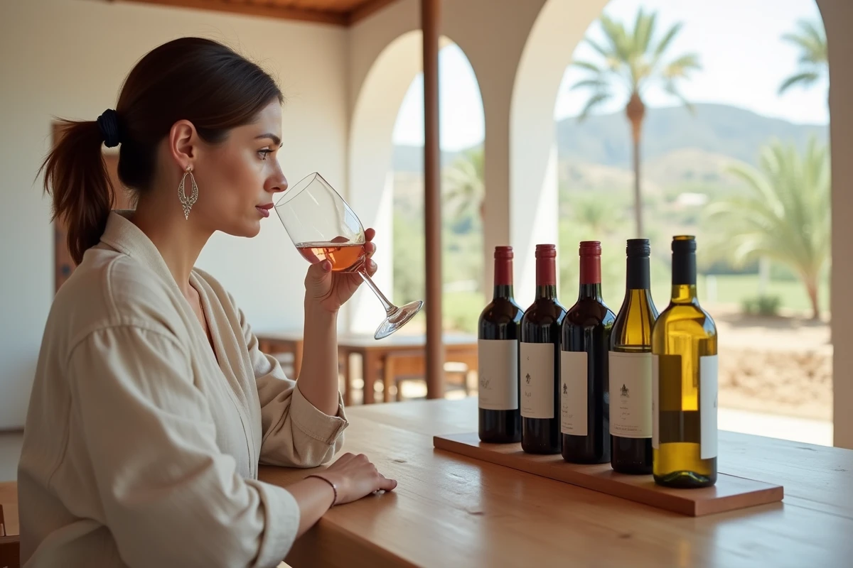 Femme effectuant une dégustation de vin rosé marocain à une table de tasting dans une cave moderne