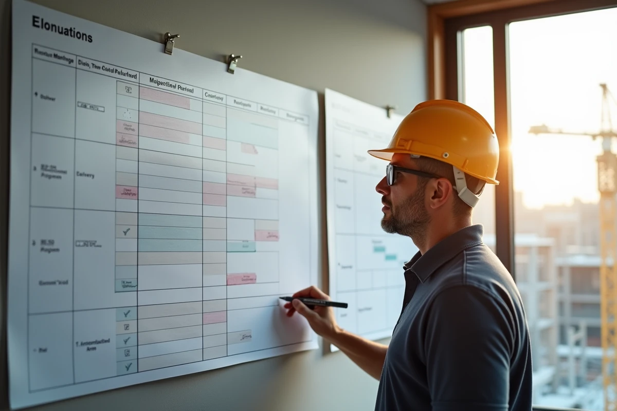 Chef de projet suivant le planning de chantier industriel du permis de construire à la livraison sur un diagramme de Gantt