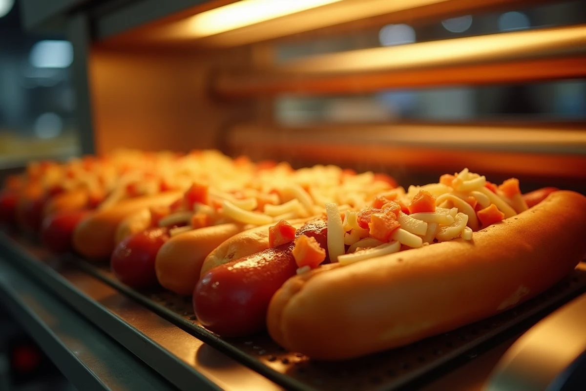 Gros plan sur hot dogs savoureux dans une machine professionnelle avec vapeur