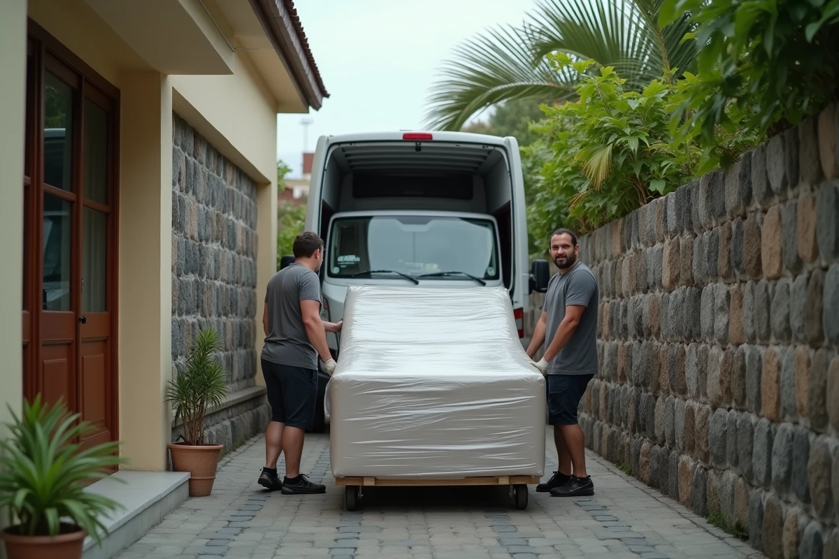 Déménagement de meubles avec un camion utilitaire loué dans un quartier résidentiel de La Réunion