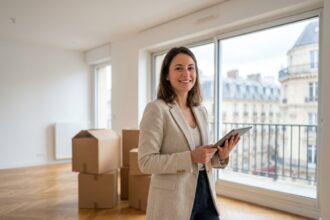 Femme professionnelle souriante dans un appartement moderne de Neuilly-sur-Seine pendant un déménagement organisé